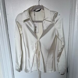 Zara Cream Satin Tie Front Blouse Size S
